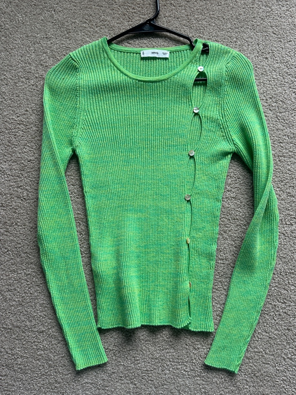 Mango Neon Green Ribbed Button-Trim Scoop Sweater